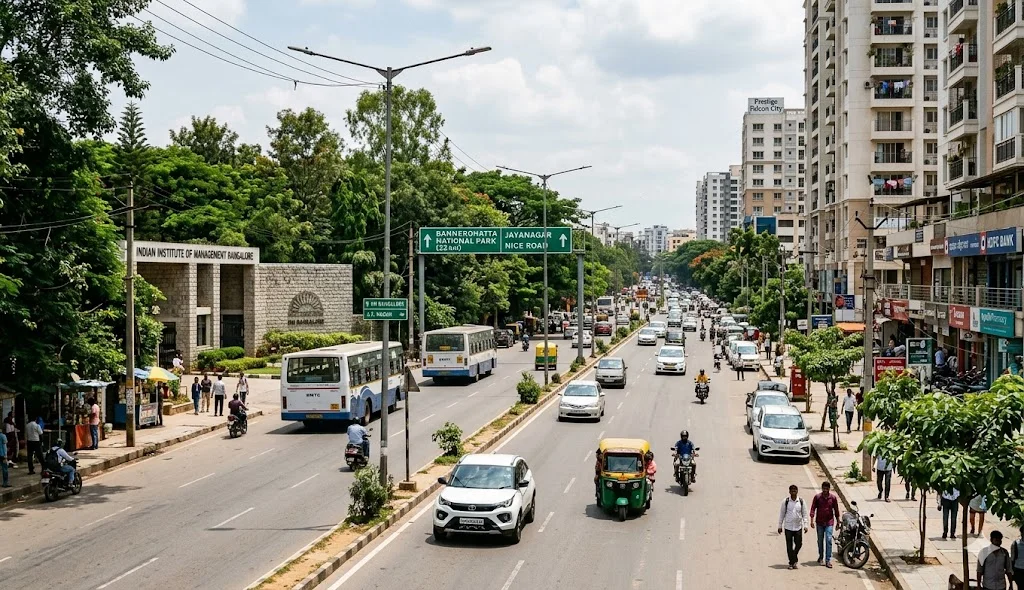 Map highlighting Bannerghatta Road’s position within the South Bangalore zone, bordering areas like J.P. Nagar, BTM Layout, and Gottigere.